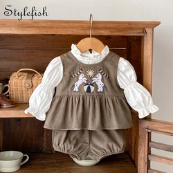 Autumn new 0-3 year old baby clothing girl baby corduroy embroidered vest top pants+fungus collar long sleeved base shirt