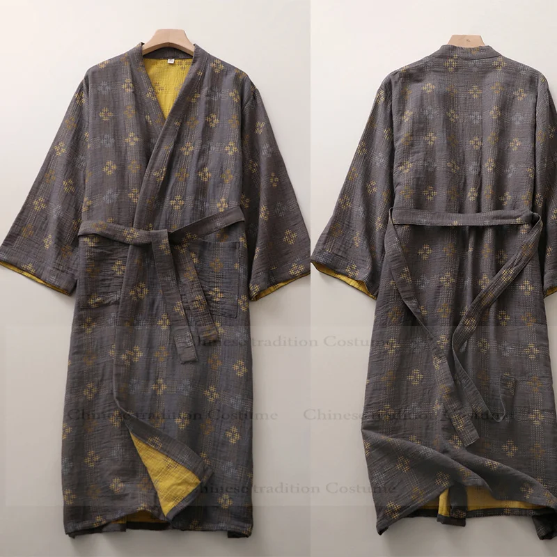 Men's Sleepwear Cotton Shower Bathrobe Gown Print Japanese Style Kimono Intimate Lingerie Loose Pijama Man Nightwear Loungewear