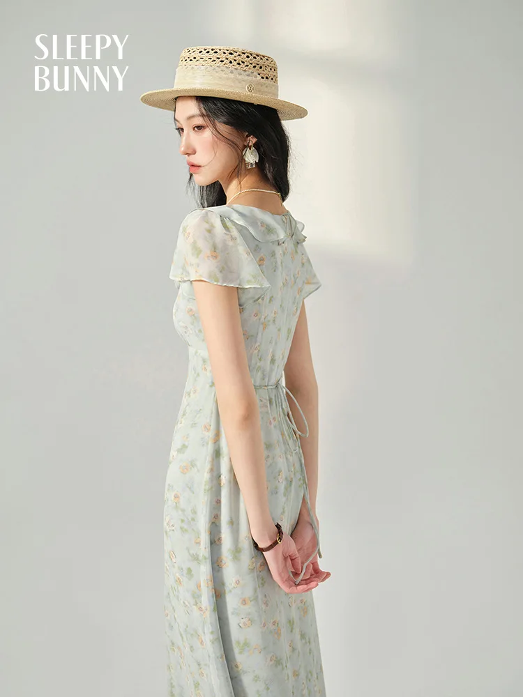 

Sweet Floral Chiffon Dress for Women Summer Ruffle Hem Slim Fit Long Sundress Elegant Square Neck High Waist French Style Outfit