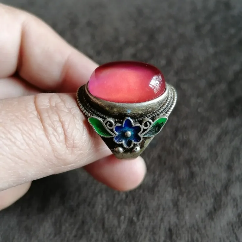Antique Tibetan Old Silver Ring, Color Changing Gem Inlay, Adjustable Band, Vintage Patina Collectible Jewelry