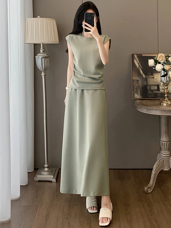 

Elegant Fashionable Women's Two-Piece Suit Summer 2026 Slimming Waist Cinched Sleeveless Top Half Skirt Cotton round Neck