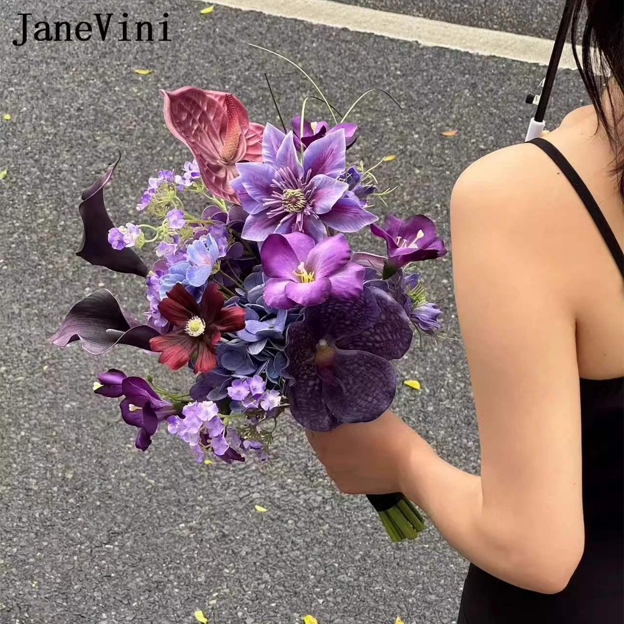 

JaneVini Gothic Dark Purple Artificial Bride Flower Wedding Bouquet Silk Vintage Calla Lily Original Bridal Bouquets Accessories