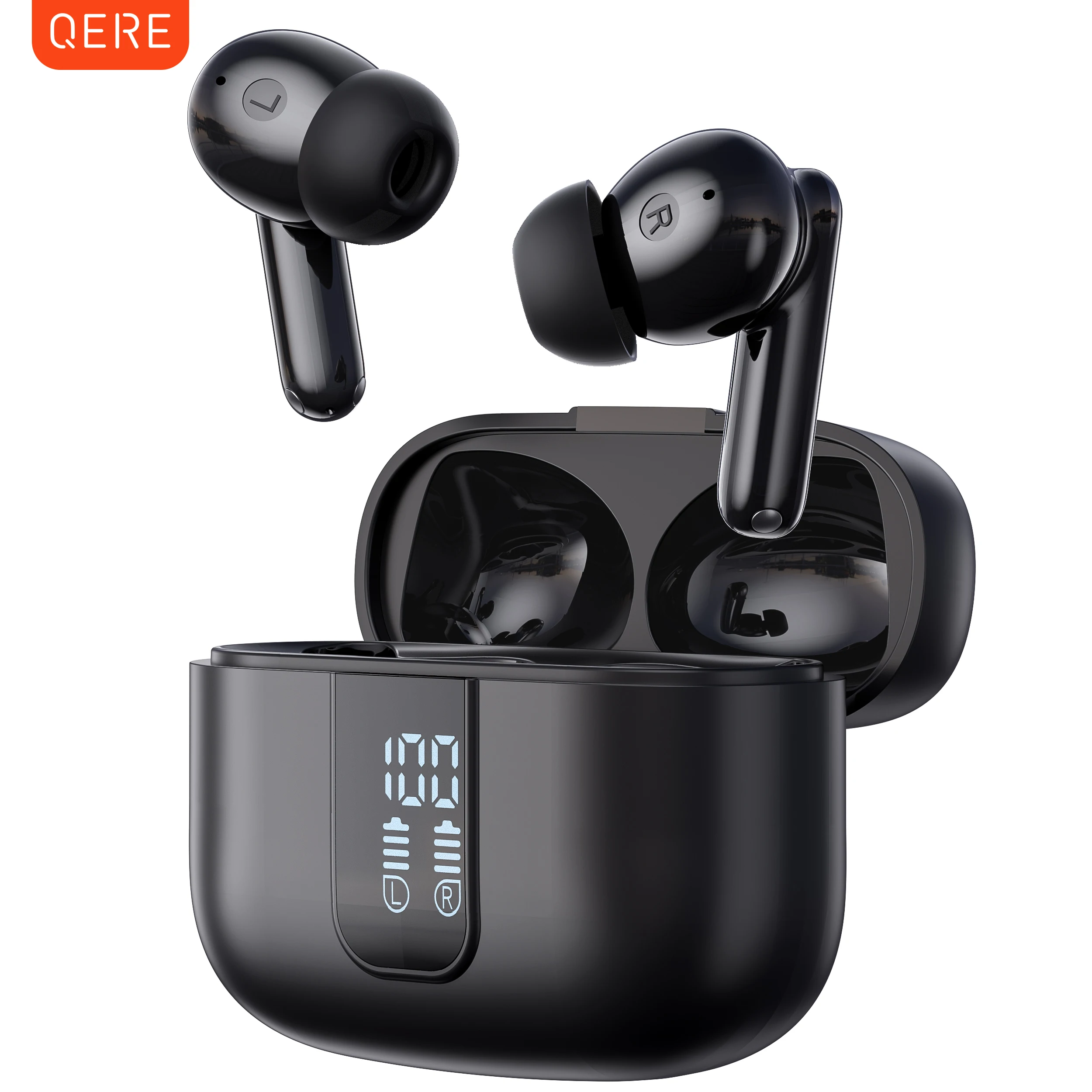 

QERE E50 Wireless Headphones, Bluetooth Earphones 5.3,TWS HD Microphone,=,13mm Driver,60ms Low Latency,4 Mics, ENC Call, New