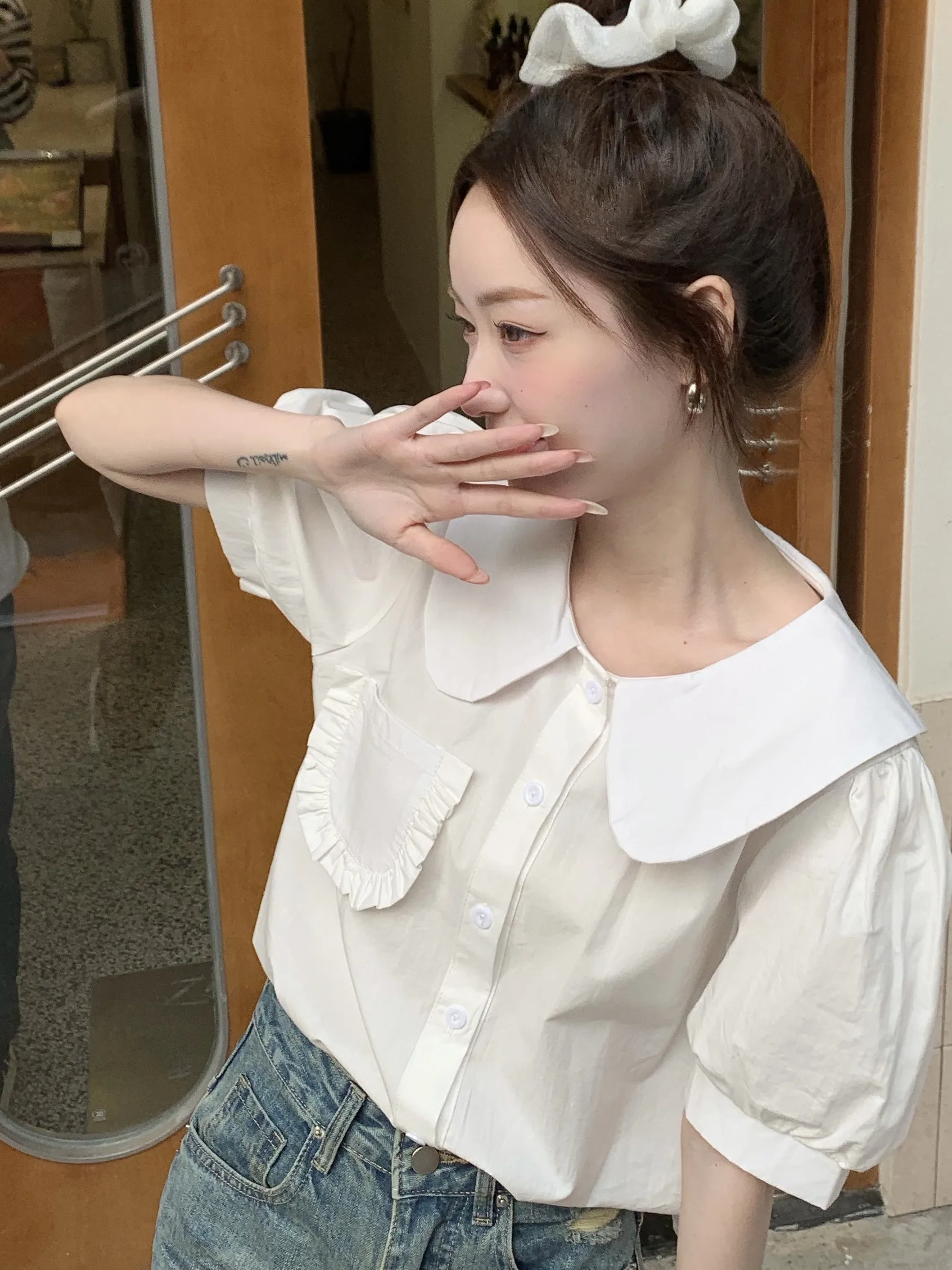 

Клетчатый кукольный воротник irt ort Sve на одной пуговице, корейский свободный крой, модный летний новый женский топ