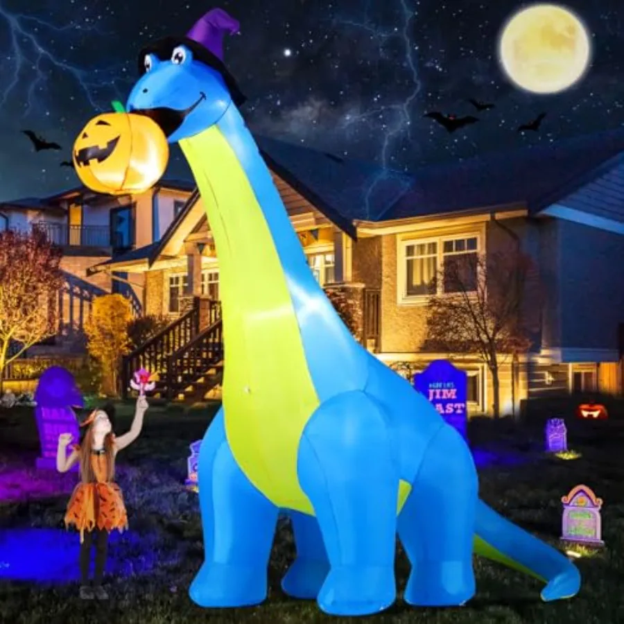 

Halloween Inflatables Outdoor Decorations 10 FT Tall Dinosaurs Eating Pumpkin Blow Up Yard Decoration with Built-in LED for Yar
