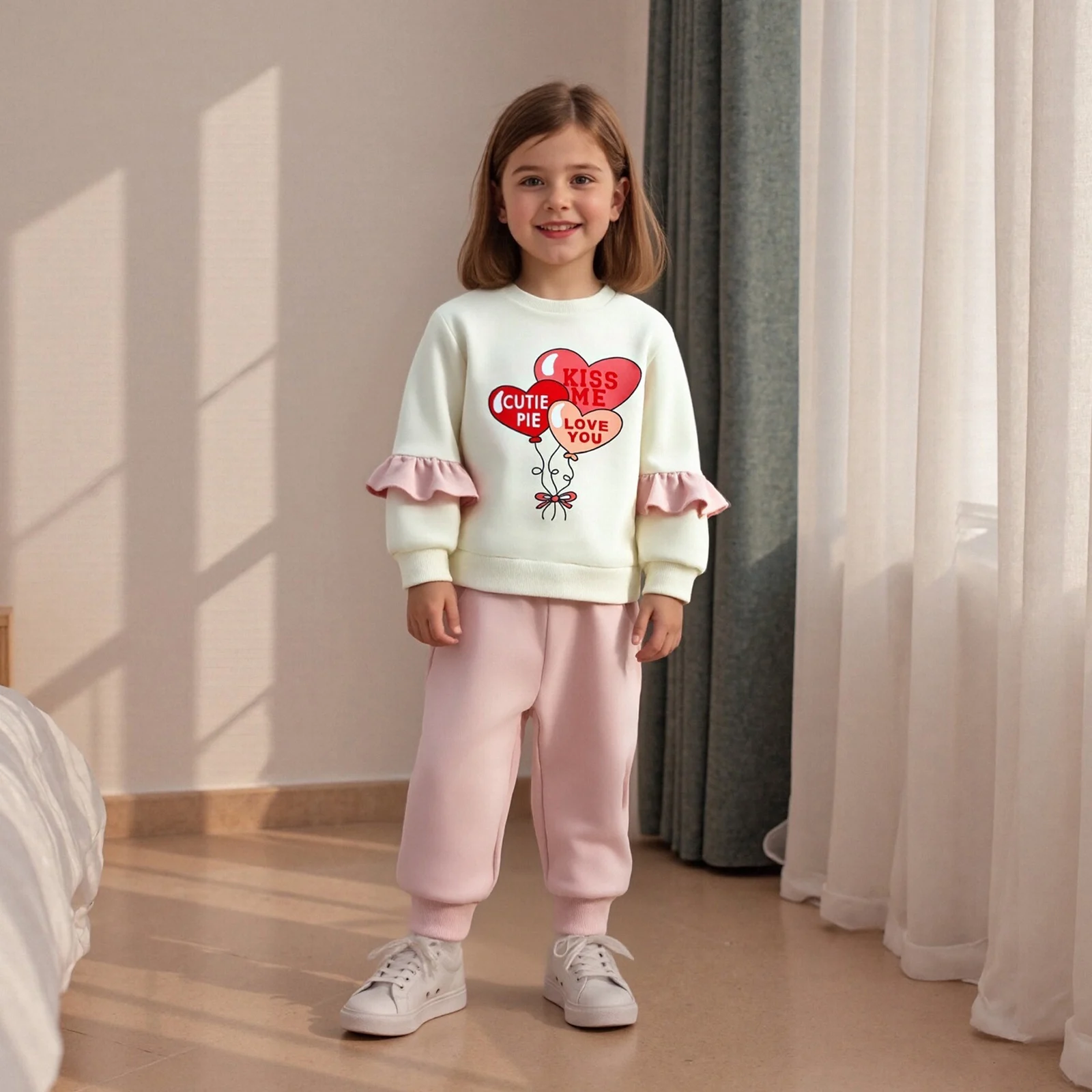 

Baby Girl Valentine’s Day Outfits Long Sleeve Heart Balloon Print Sweatshirt + Pants Set Toddler Clothes