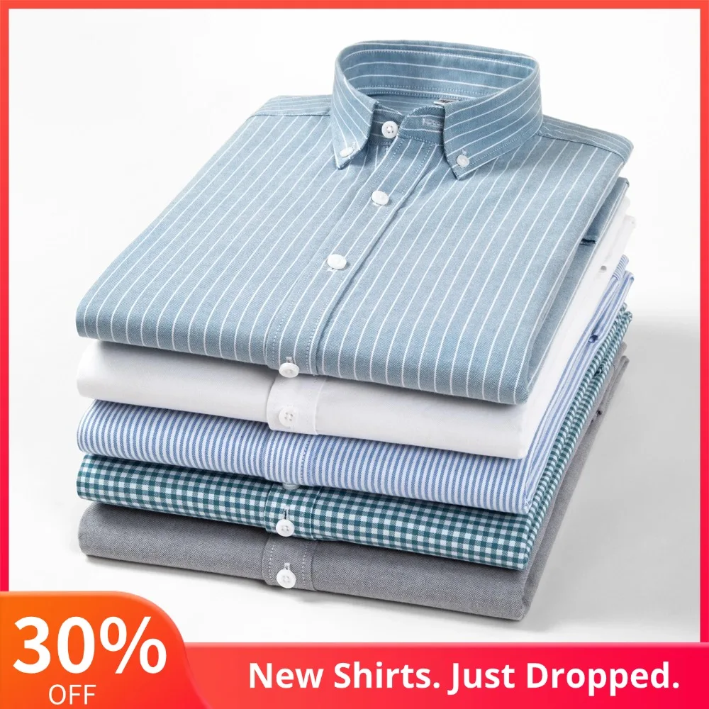 

Мужские прочные оксфордские рубашки в клетку/полоску с длинными рукавами на пуговицах, мягкие и дышащие, 100% хлопок, рабочая повседневная мужская одежда, одежда