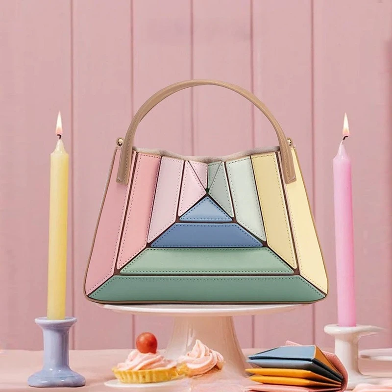 

2025 Fashion Women PU vegan Leather Handbags Colorful Patchwork Top-handle Tote Niche Shoulder Crossbody Bags Bucket Purses Chic