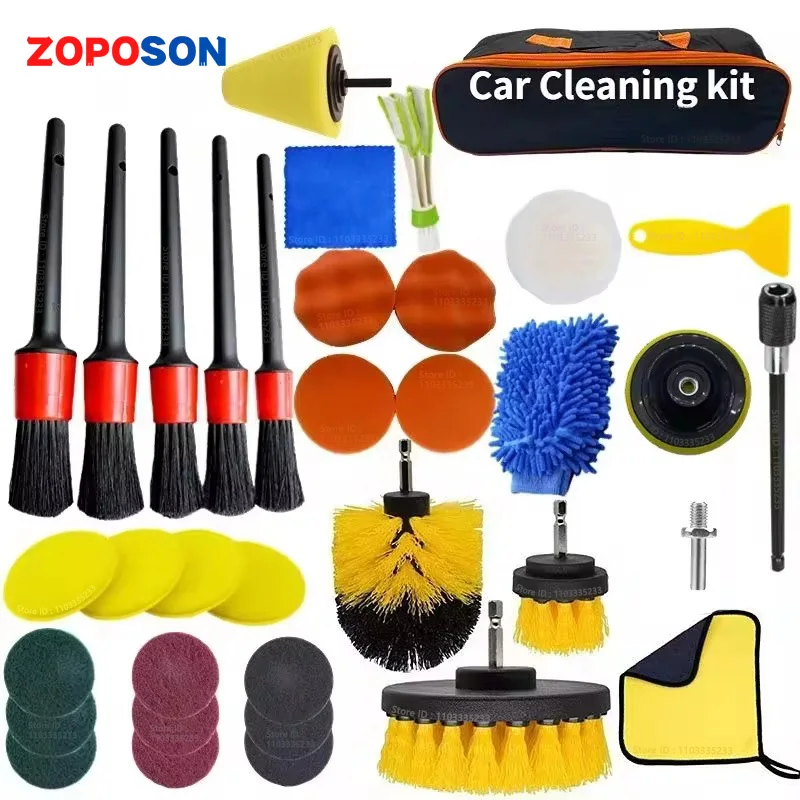 Zoposon New Car Cleaning Kit Scrubber Drill Detailing Brush Set Air Conditioner Vents Towel Polisher Car Auto Detailing Tools