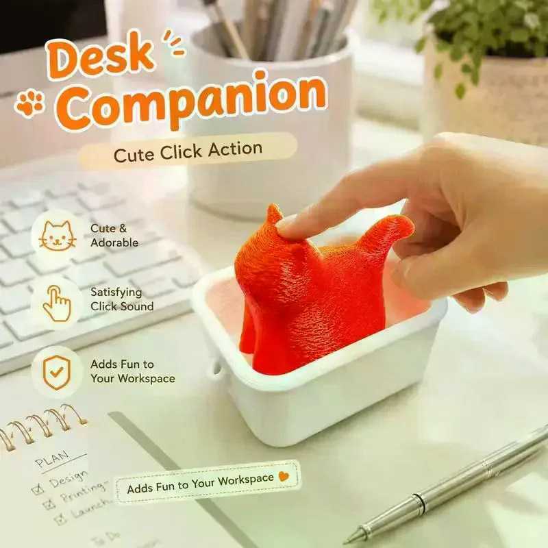 Cat Clicker 3D Printed With Satisfying Feedback Adorable Shape For Office Decor Stress Relief Fidget Use