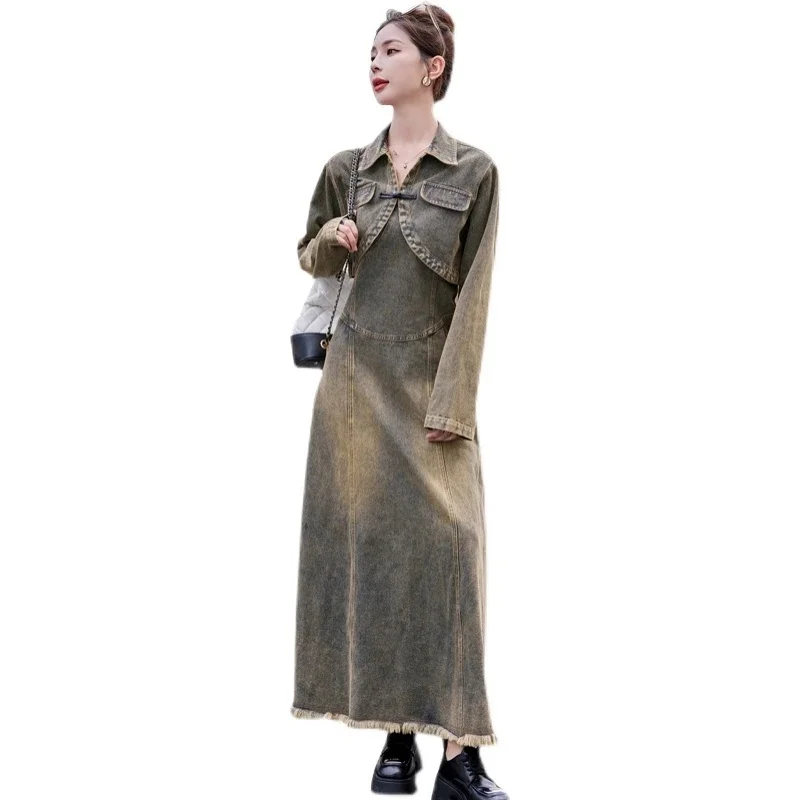 

Fashion Denim Sling Dress Sets For Women Spring Autumn New Sleeveless Strap Jeans Dress And Short Retro Denim Jacket Coat 2PCS