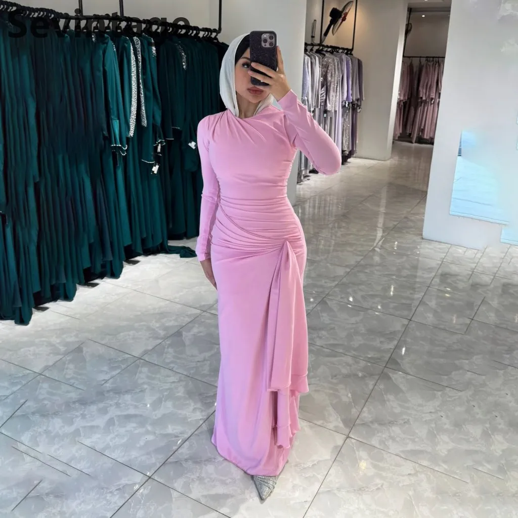 

Sevintage 2025 Pink Mermaid Jersey Evening Dress Wedding Party Long Sleeve Prom Dress Saudi Arabic Party Gown Customized