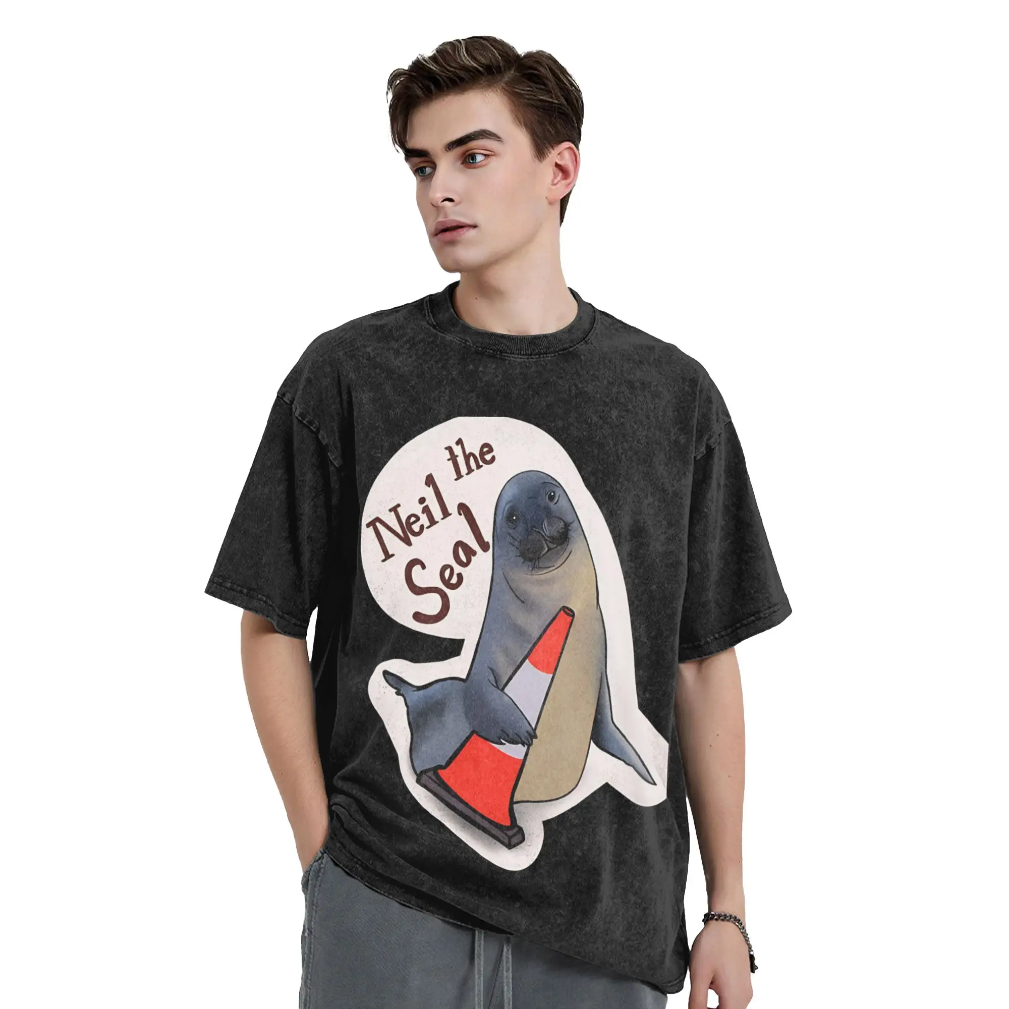 Washed T Shirts Neil The Seal Hip Hop T-Shirts Harajuku Beach Animal Streetwear Short Sleeve Printed Tee Shirt for Men Women
