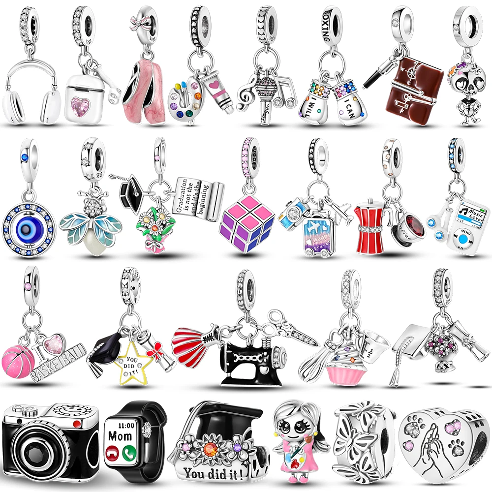 

2025 925 Silver Campus Guitar Music Book Charms Fit Original Bangle Charm Bead Pendent Dangle Bracelet DIY Women Jewelry Gift