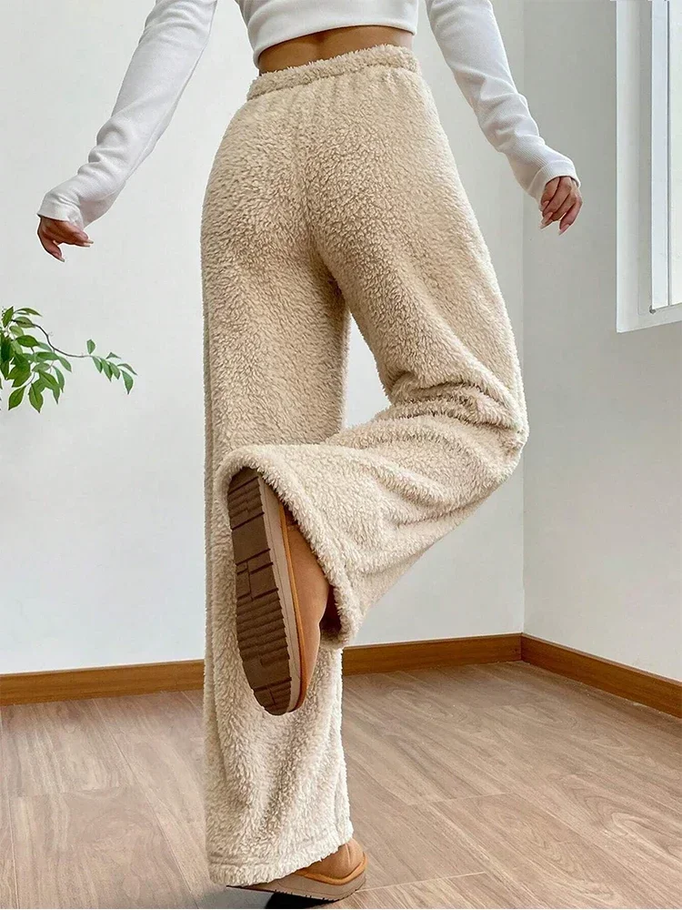 Pantaloni lunghi da donna in peluche tinta unita caldo invernale con coulisse pantaloni sportivi termici a vita alta pantaloni casual dritti e soffici da donna