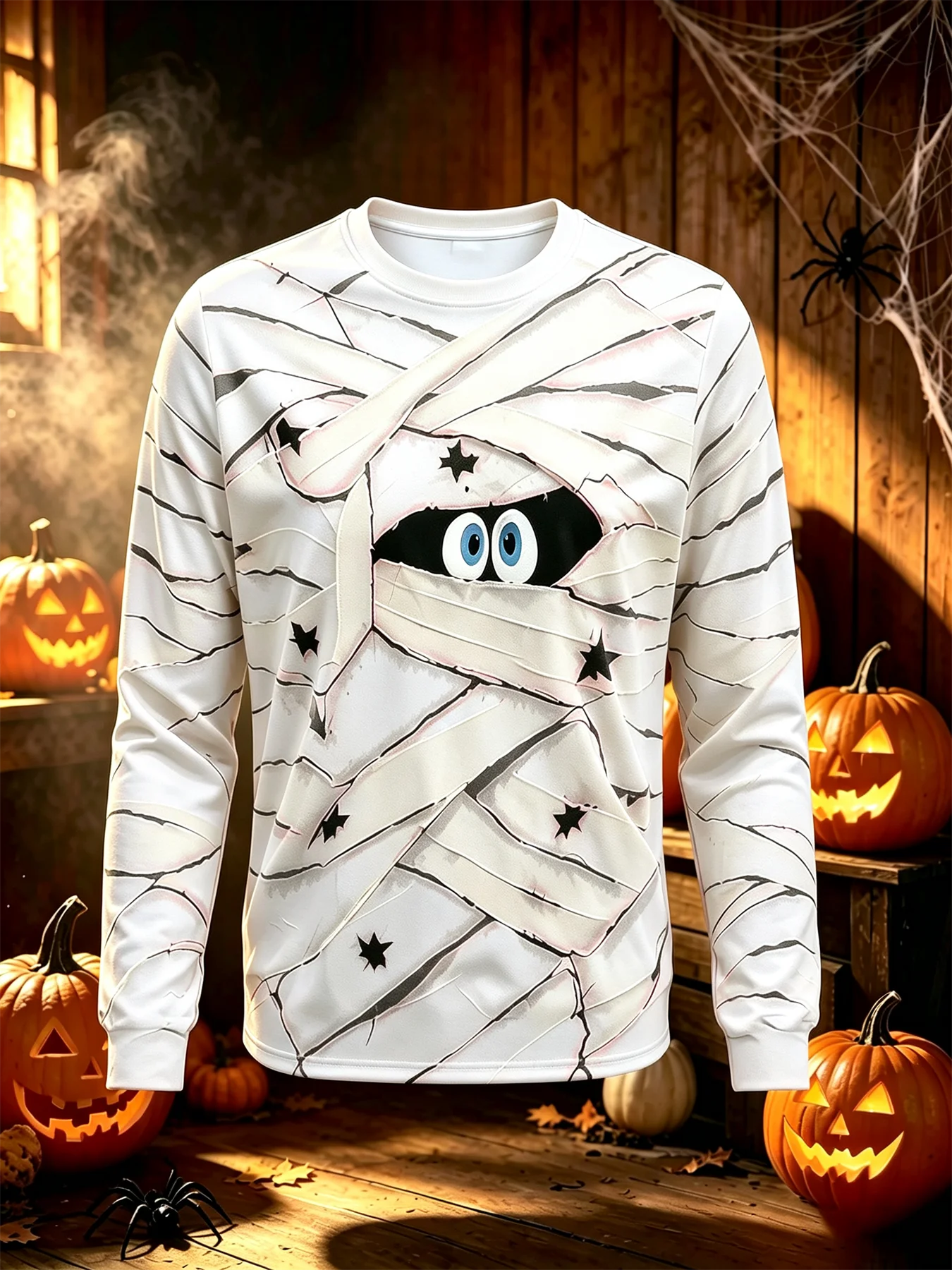 Halloween Mummy Graphic 3D Print Long Sleeve T-Shirt Funny Spooky Costume Top Casual Unisex Autumn Pullover Sweatsuit