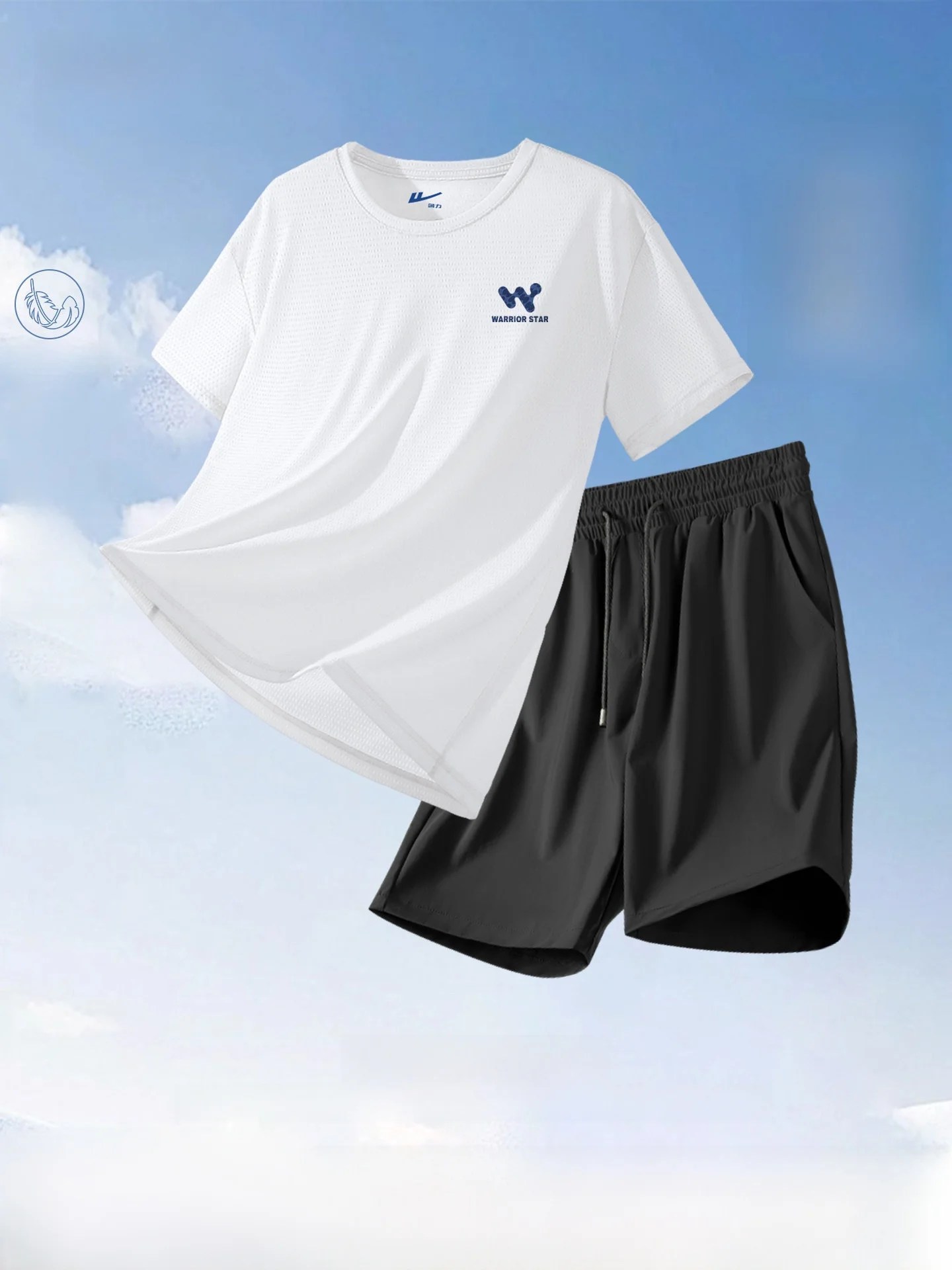 

Warrior Men's Casual Ice Silk Fitn Set Summer White American Trend round Ne ort Sve Two-Piece Running Gym Suit