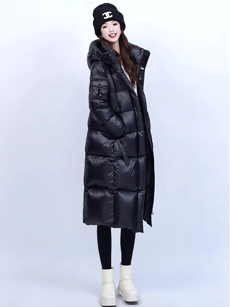 

Длинное утепленное женское пуховое пальто с капюшоном, модное зимнее пальто до колена, теплое повседневное пальто из белого пуха