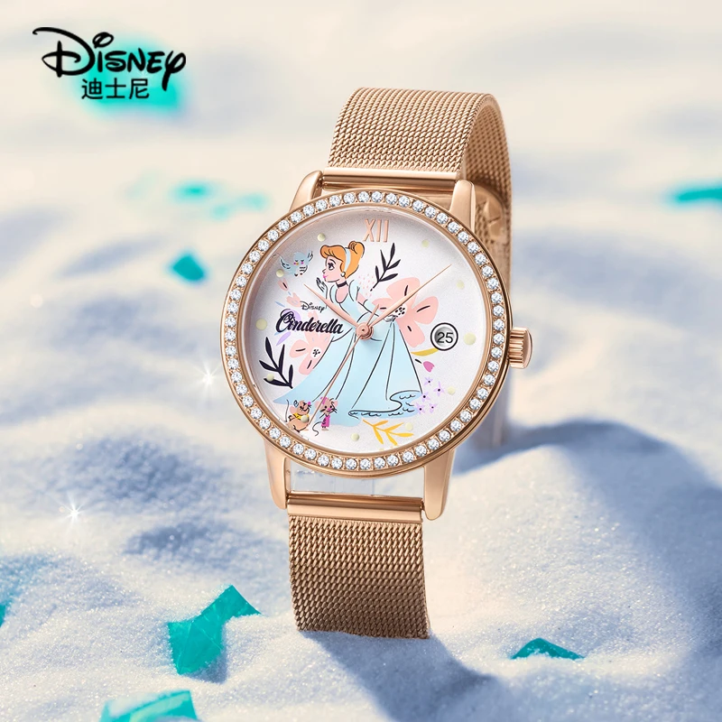 Disney Cinderella Women Bling Crystone Casual Young Lady Quartz Wristwatch Date Female Princess Cartoon Pretty Relogio Feminino