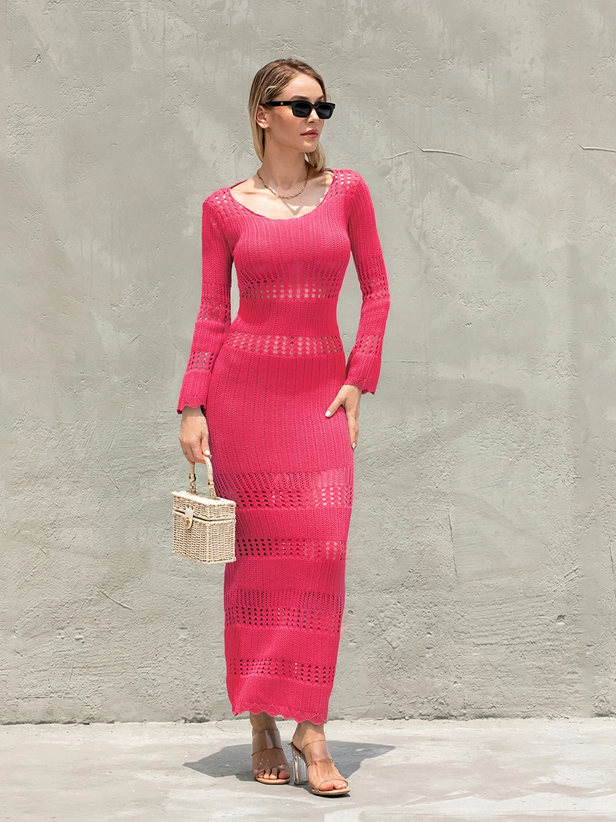 Women Solid Color Long Bodycon Dress Knit Hollow-Out Long Sleeve Back Tie-Up Backless Dress for Beach Party Cocktail