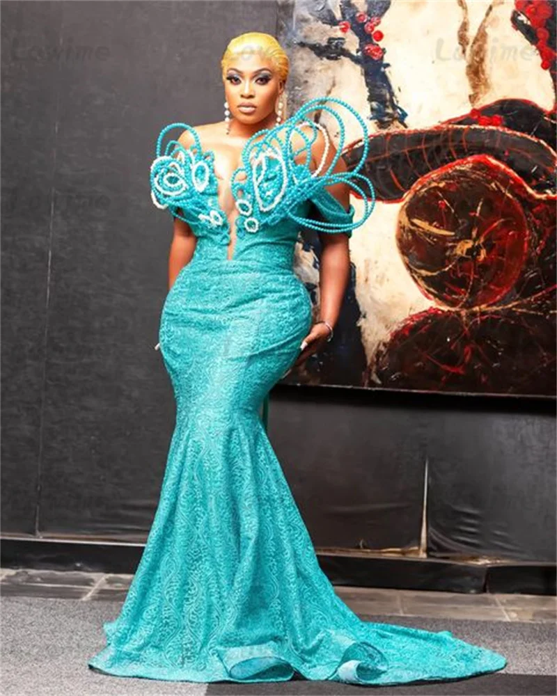 Customized Lace African Prom Dresses Beading Mermaid Formal Party Second Reception 50th Birthday Engagement Evening Gowns Robes