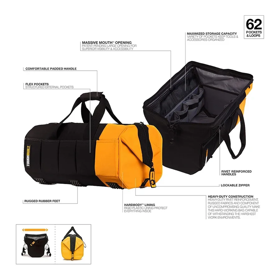 

TB-60-16/TB-60-20/TB-60-26 16 дюймов/20 дюймов/26 дюймов черный полиэстер с массивным ртом упаковочная сумка для инструментов