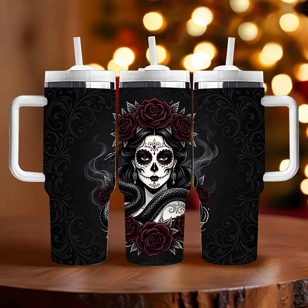 40Oz Insulated Tumbler with Handle, Rose Sugar Skull Print, Great for Skull Art Enthusiasts, Keeps Drinks Temperature for Long, Ideal for Daily And Travel Use, Perfect Holiday And Birthday Gift