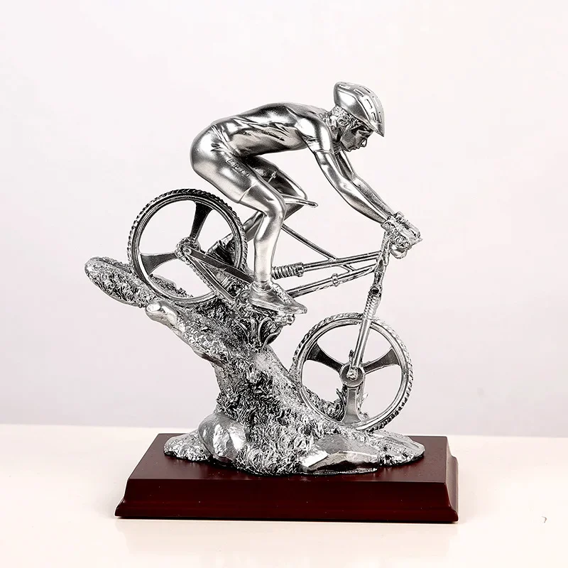 Creative Resin Handicrafts Realistic Figure Sculpture Mountain Bike Silver Sportsman Cycling Figurine Home Decoration Accessorie