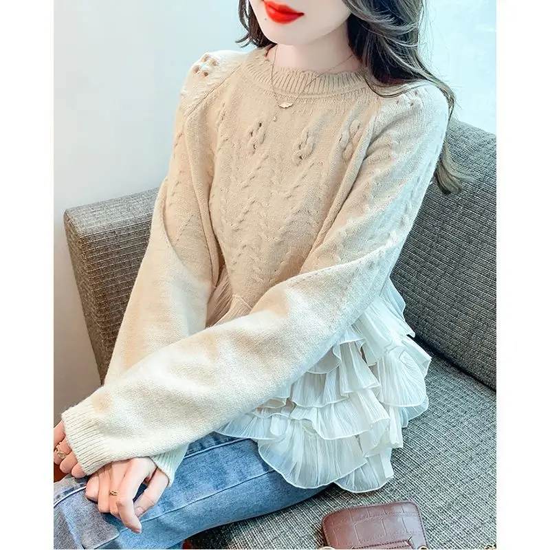 Sweet O-Neck Solid Color Spliced Ruffles Sweaters Female Clothing 2024 Spring New Loose Knitted Casual Pullovers Irregular Tops