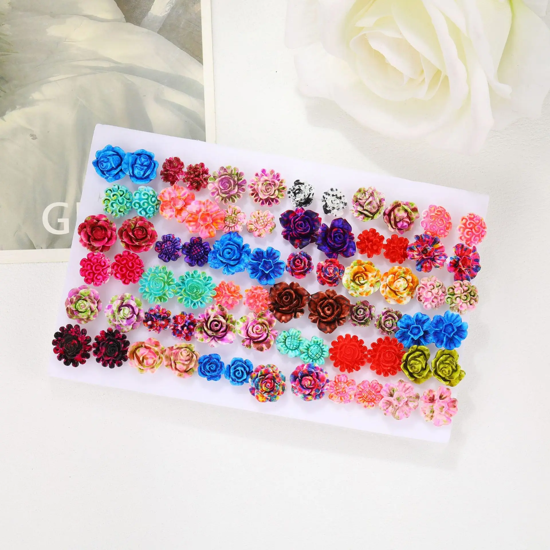 Juego de pendientes de flores de resina para niñas, aretes de moda, personalizados y versátiles, venta al por mayor, 36 pares, nuevo, superventas