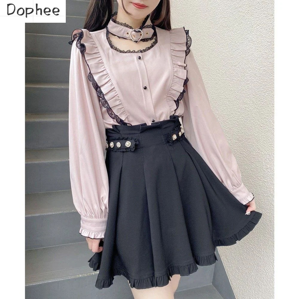 

Dophee Japan Style Lolita Long Sleeve Blouse Love Buckle O-neck Landmine Series Rojita Top Ruffles Lace Splicing Women Shirts