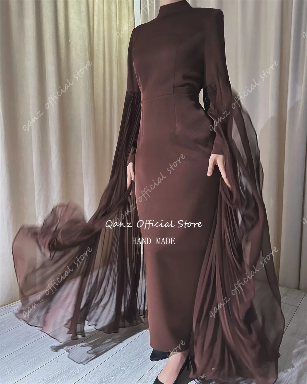 Qanz Classical Brown Evening Dresses Cape Sleeves Satin Vestidos De Fiestas Elegantes Customized Mujer Long Prom Dresses