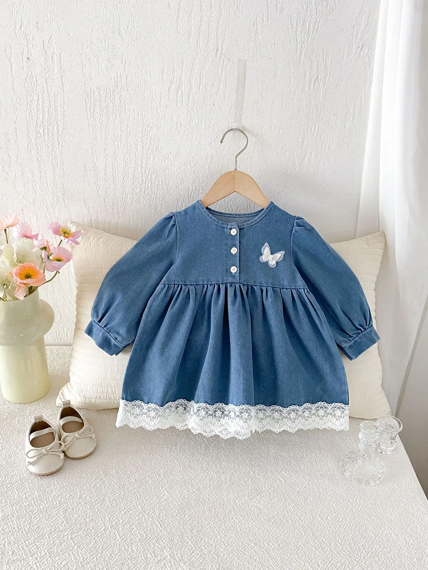 Girls' Lace Collar Denim Dress Baby Stylish Korean Version Dress Autumn Solid Color Outfit for Baby Girls