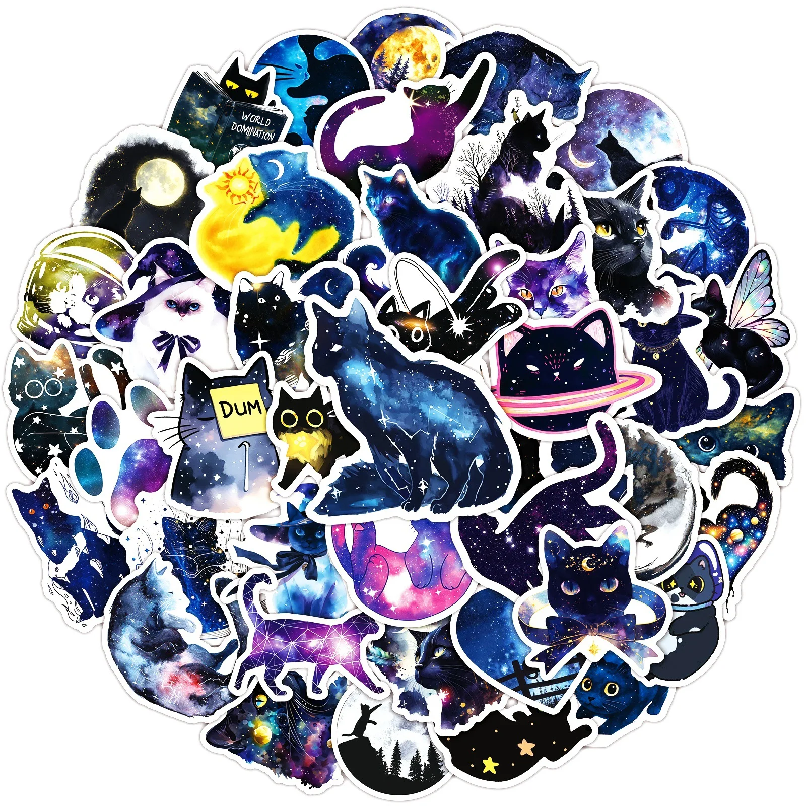 50Pcs Cartoon Starry Sky Cat Graffiti Stickers - Cute Cat Design Waterproof Decor for Notebook&Water Cup Graffiti Decals