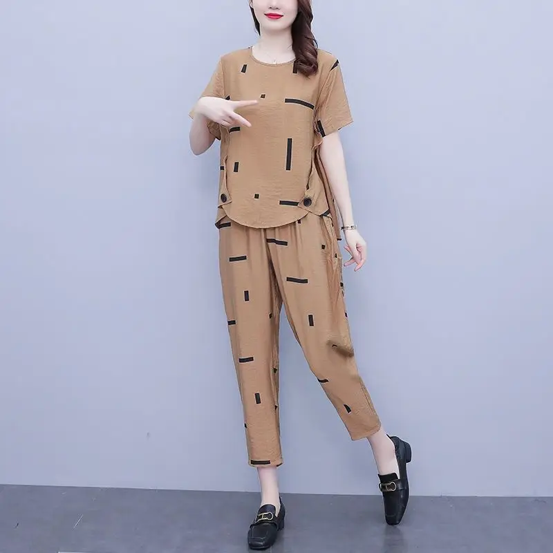 Summer New Fashion Ladies Suits High Street Round Neck Short Sleeve T-Shirts and Elastic Waist Pocket Solid Color Haren Pants