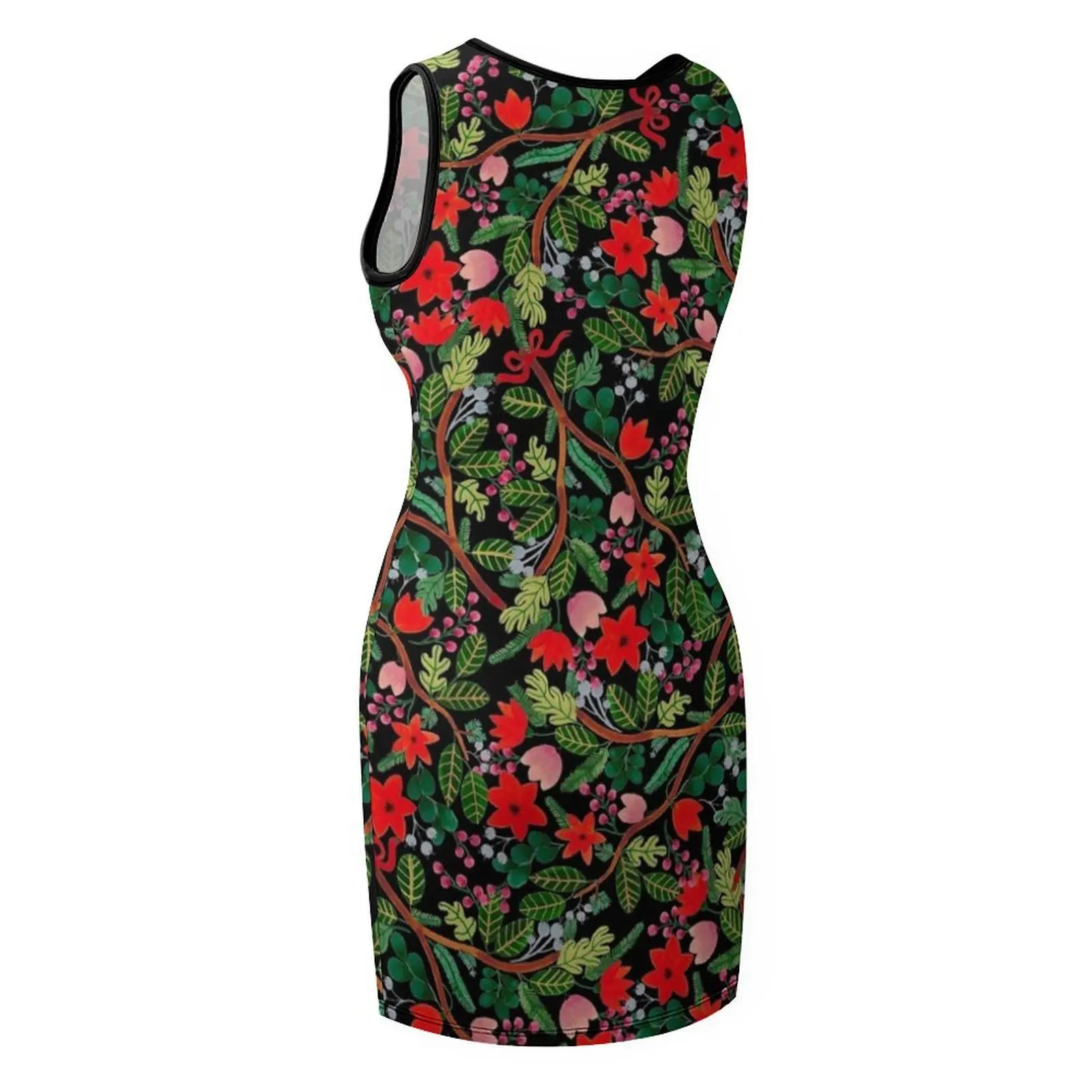Weihnachten Blumenmuster Schwarz Ärmelloses Sommerkleid Zeremonienkleider Damen Sommerkleider Abendkleid Damen Damenkleider