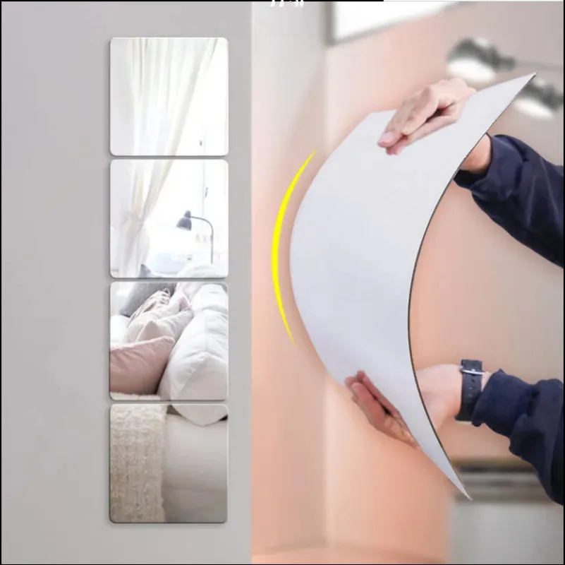 Folhas de espelho flexíveis autoadesivas removíveis, sem vidro, azulejos, adesivos de espelho, decalques para casa, quarto, decoração de parede 3d