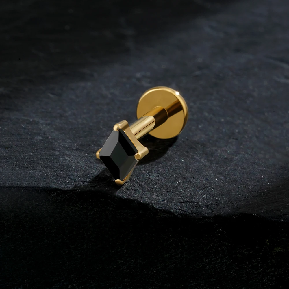 Right Grand ASTM F136 Titanium Rhombus CZ Internally Threaded Labret Stud 16G Flat Back Earring Cartilage Tragus Helix Nose Stud Medusa Piercing Jewelry