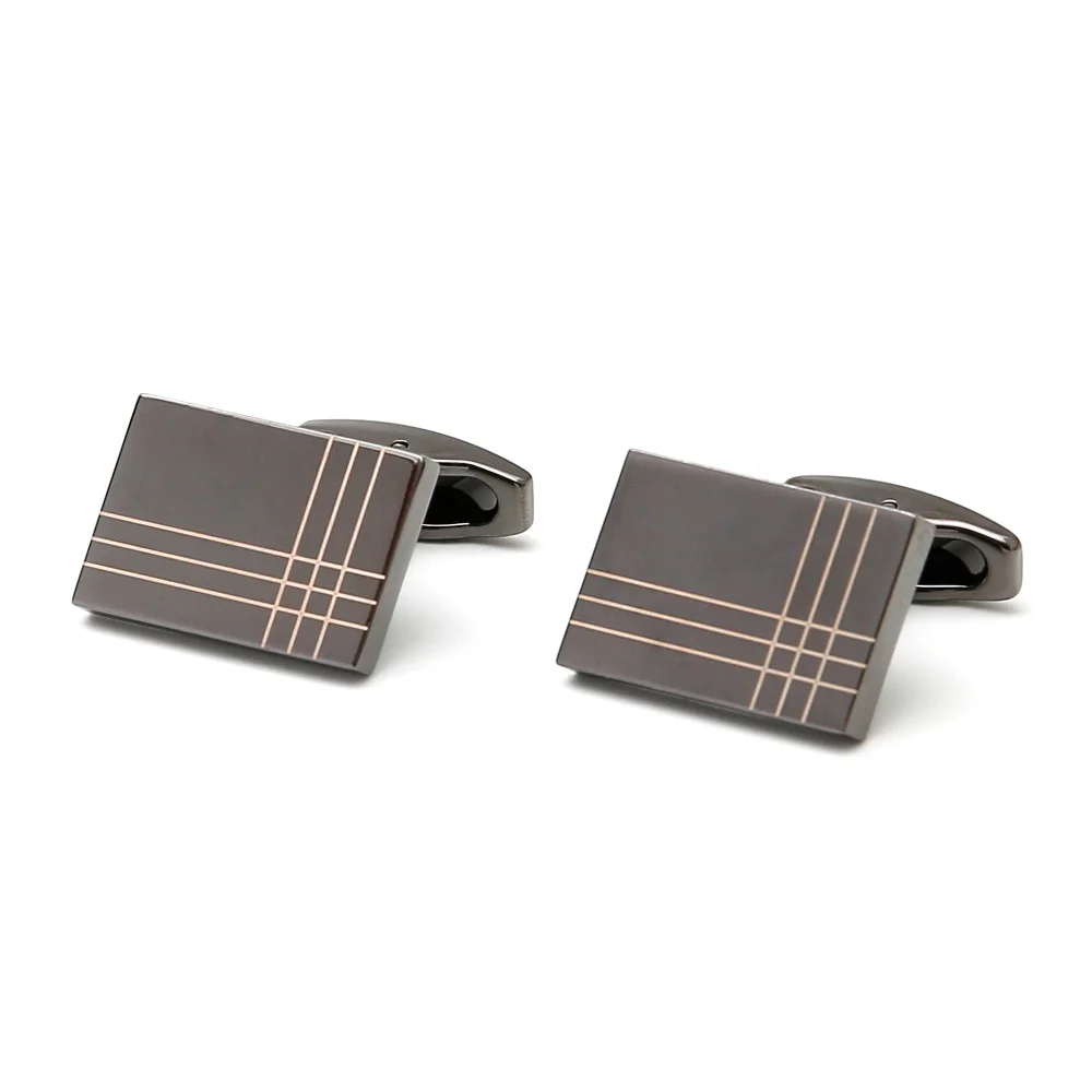 Men's Square Dark Brown Checkered Cufflinks Light Gold Line Business Minimalist Cufflink Dress Shirt And Suit Decoration