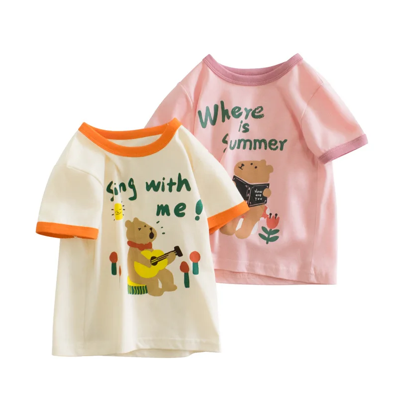 

Toddler Girl Causal Crew Neck T-Shirt Children Soft Cotton Short-sleeve Bottoming Shirt Kids Summer Basic Tees Bear Cartoon Tops