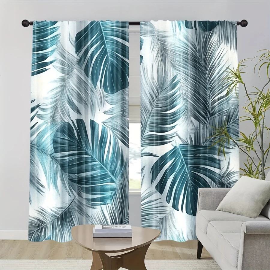 2PCS Digital Print Curtains, Blue Toned Palm Leaves, Cool Tropical Botanical Decor Monochrome Plant Summer Living Room Drapes