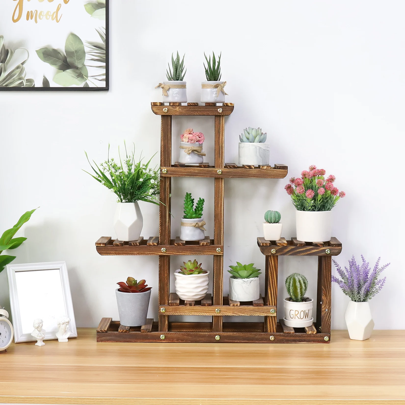 Wood Plant Shelves Indoor Outdoor Plant Pot Stand Holder Corner Plant Display Shelving Unit for Balcony Garden Patio Living Room