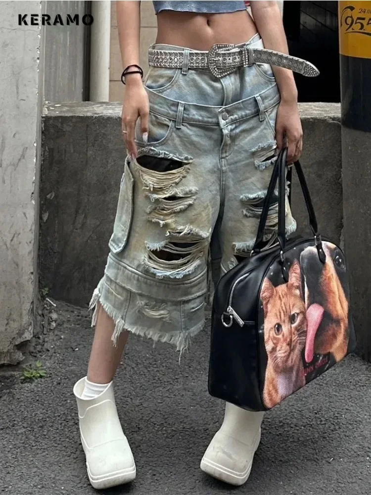 2024 Summer Women's Harajuku Casual Jeans Vintage Ripped Loose Washed Shorts Y2K Wide Leg Tassels Punk Baggy Denim Shorts