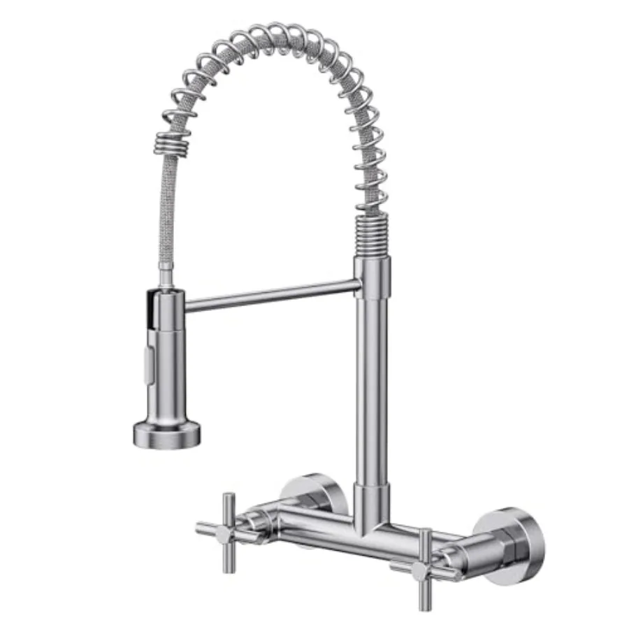 

Wall Mount Kitchen Faucet Brushed Nickel 8 Inch 2 Handle for Kitchen Laundry Room Restaurant with Pull Down Sprayer