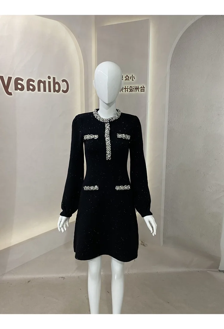 Luxury Designer Autumn Beading Crystal Diamonds Long Sleeve Short Knitting Sweater Dress For Women Elegant Party Evening Robe