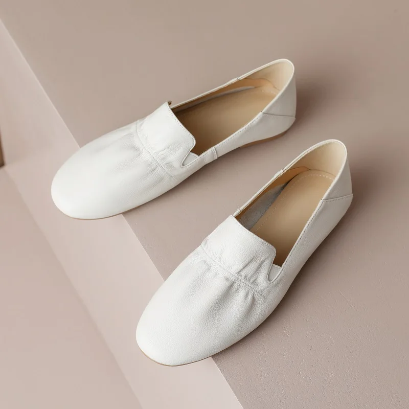 Genuine Leather Daily Driving Flats Women Basic Moccasins Simple Loafers Women Slip-On White Flats Cowhide Pleated Mules Size 40