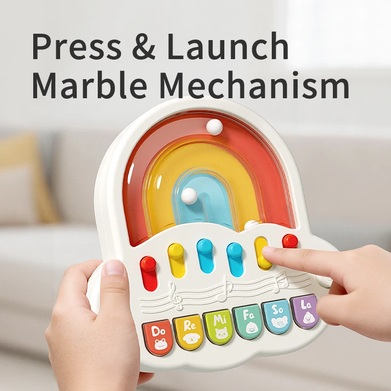 2-in-1 Baby Sensory Piano Toy, Rainbow Bouncing Marble Track, Lighted Keys Multi Music Modes, Gentle Lullaby Infant Sleep Compan
