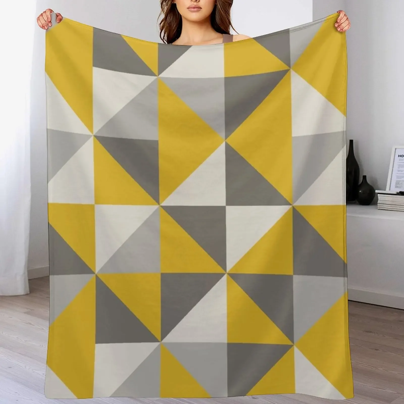 Retro Triangle Design in Yellow and Grey Throw Blanket Soft Breathable Blanket for Night Sleeping