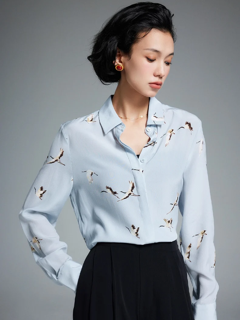 SuyaDream, Woman Printed Shirts, 100%Silk Crepe de chine, Turn Down Collar, Light Blue Blouses, 2024 Spring Summer Top