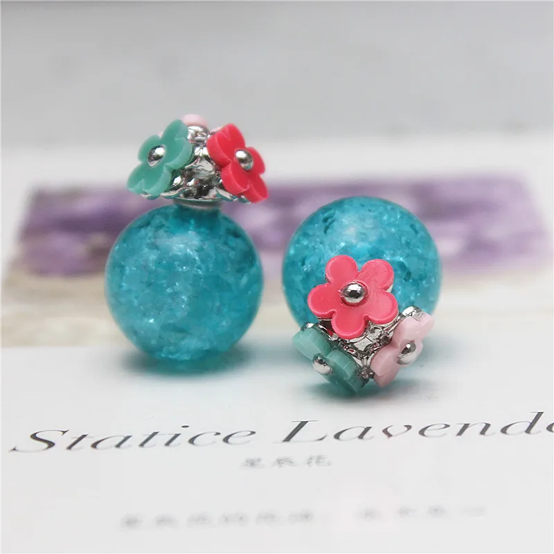 Korean Fashion Jewelry Three Flowers Ice Cracked Colorful Beads Front and Back Double-sided Earrings for Women Girl Accessories